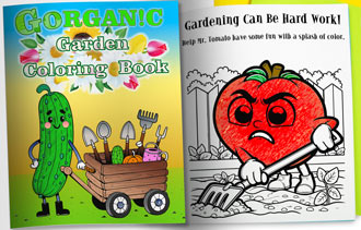 Printed coloring book with a gardening theme