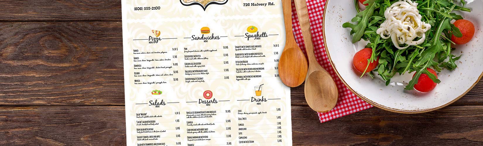 Menu printing and restaurant print services webpage banner